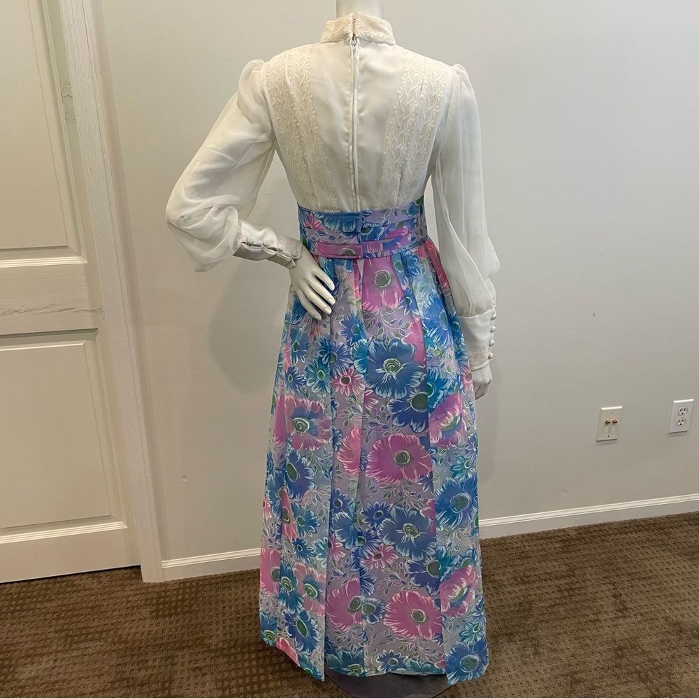VINTAGE White Purple Blue & Pink Floral Print 60s 70s Belted Maxi Dress - Picture 6 of 15
